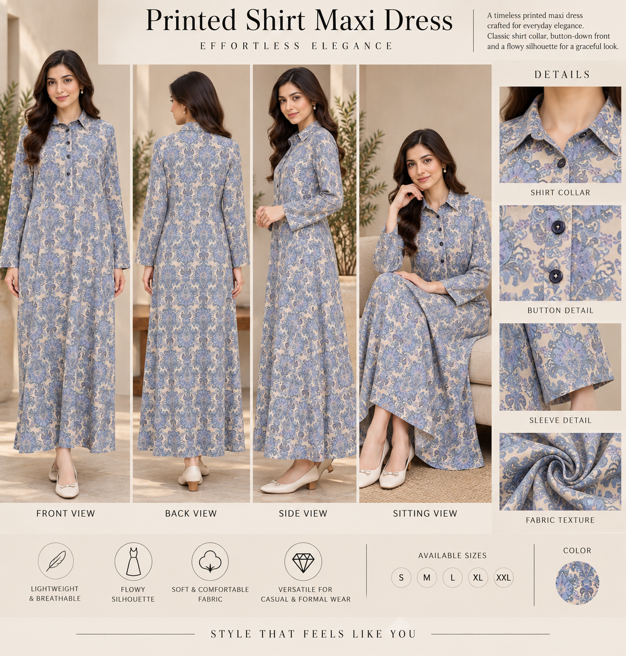 Blue Floral Printed Modest Long Dress