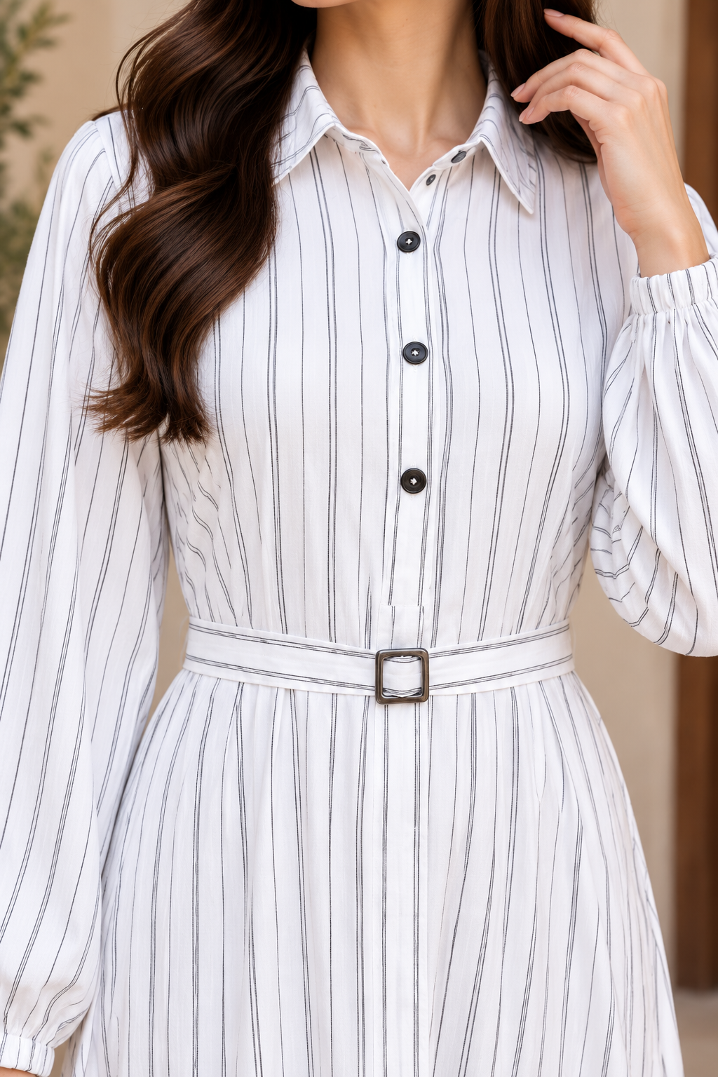 Elegant White Pinstripe Belted long Dress