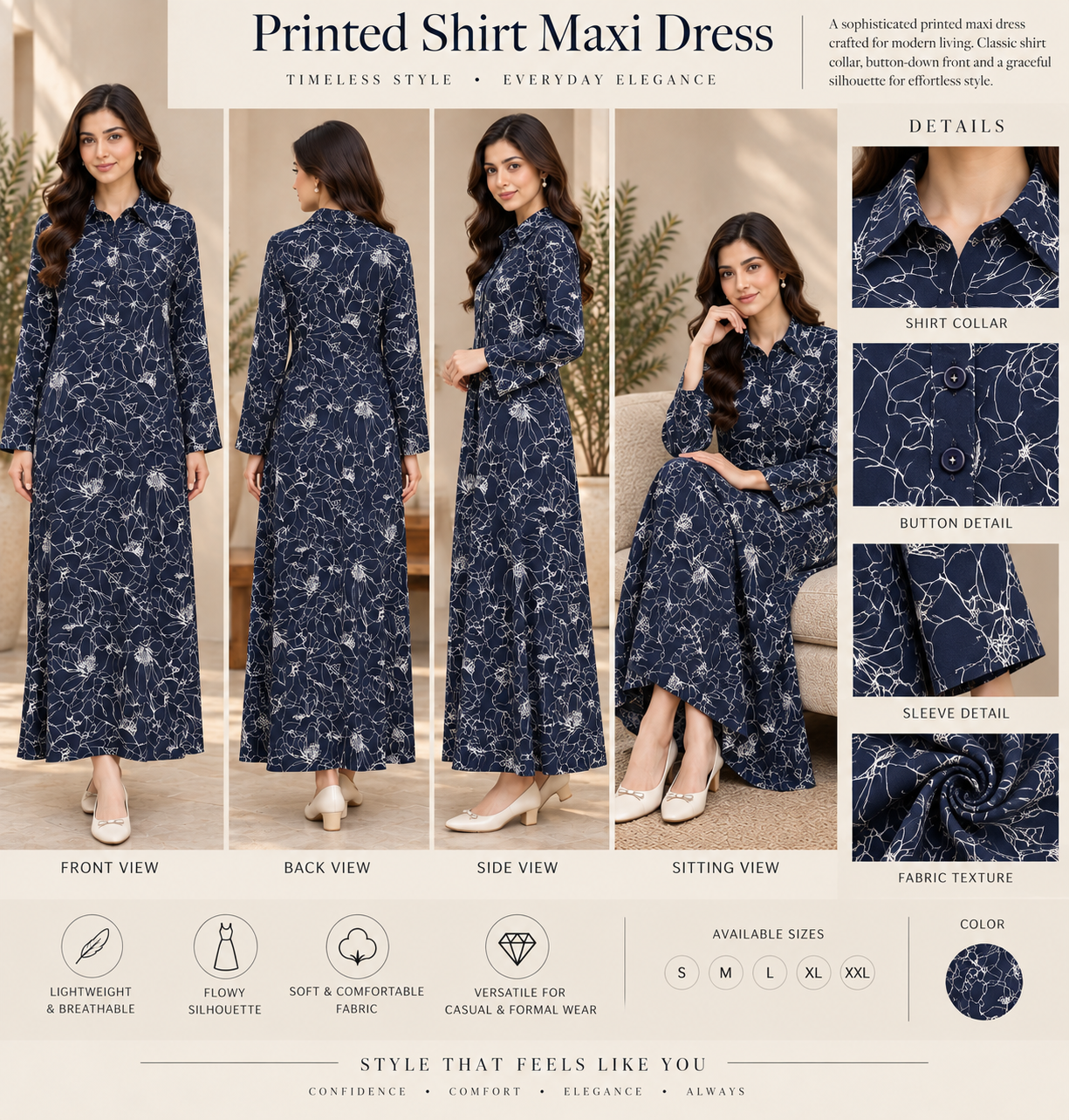 Navy blue printed long dress