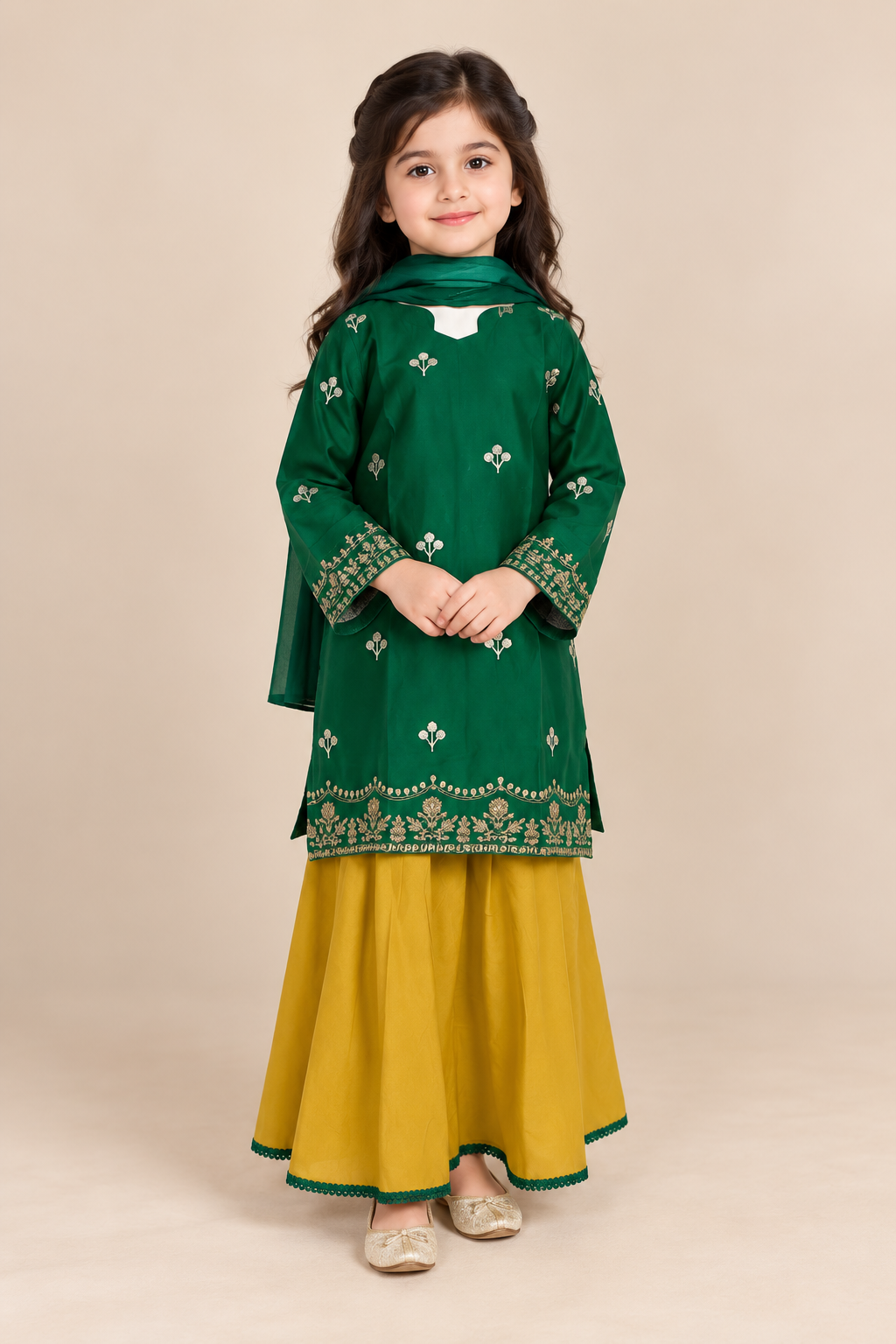 Emerald Green & Mustard Embroidered lawn 3pc suit