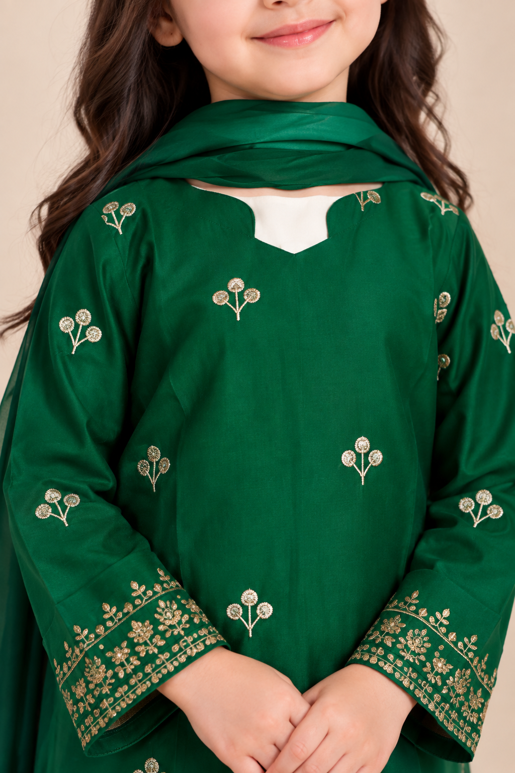 Emerald Green & Mustard Embroidered lawn 3pc suit
