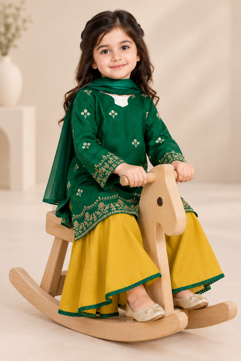 Emerald Green & Mustard Embroidered lawn 3pc suit
