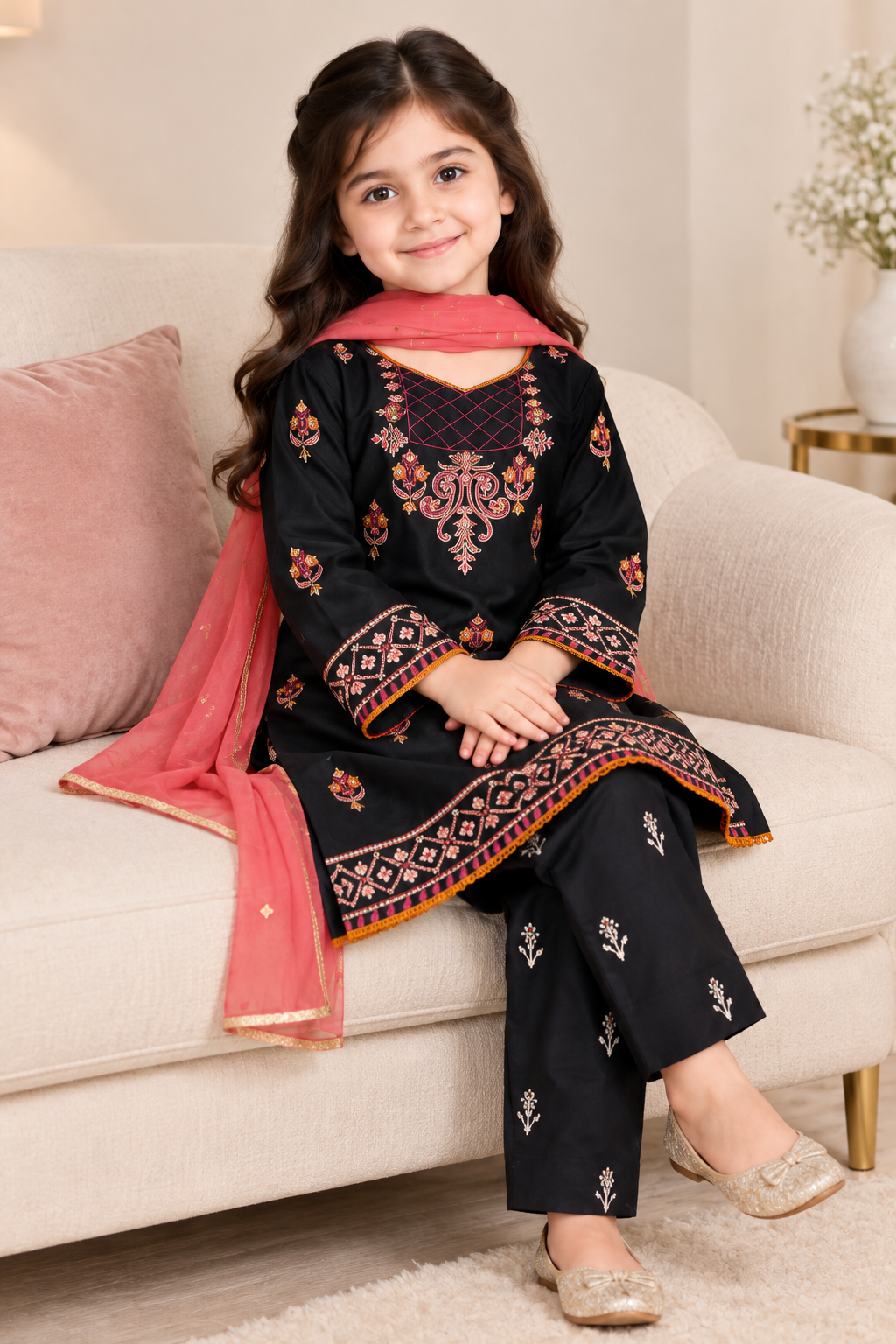 Black & Pink lawn embroidered suit