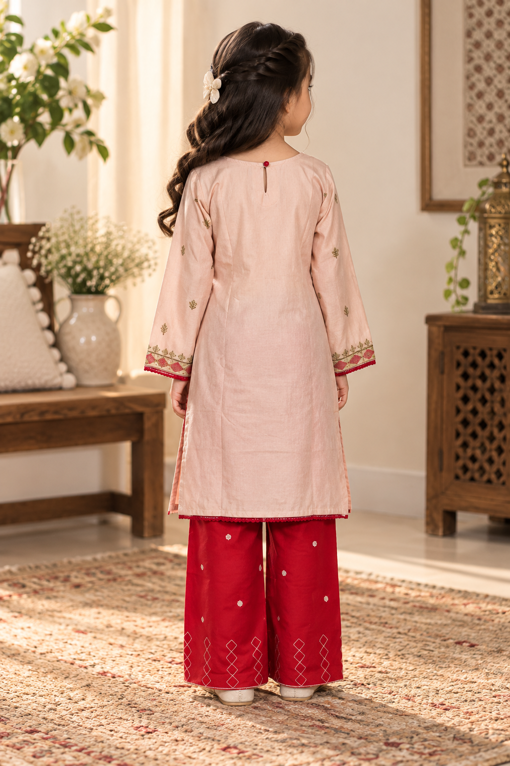 Peach Embroidered 3-Piece Suit with Red Dupatta