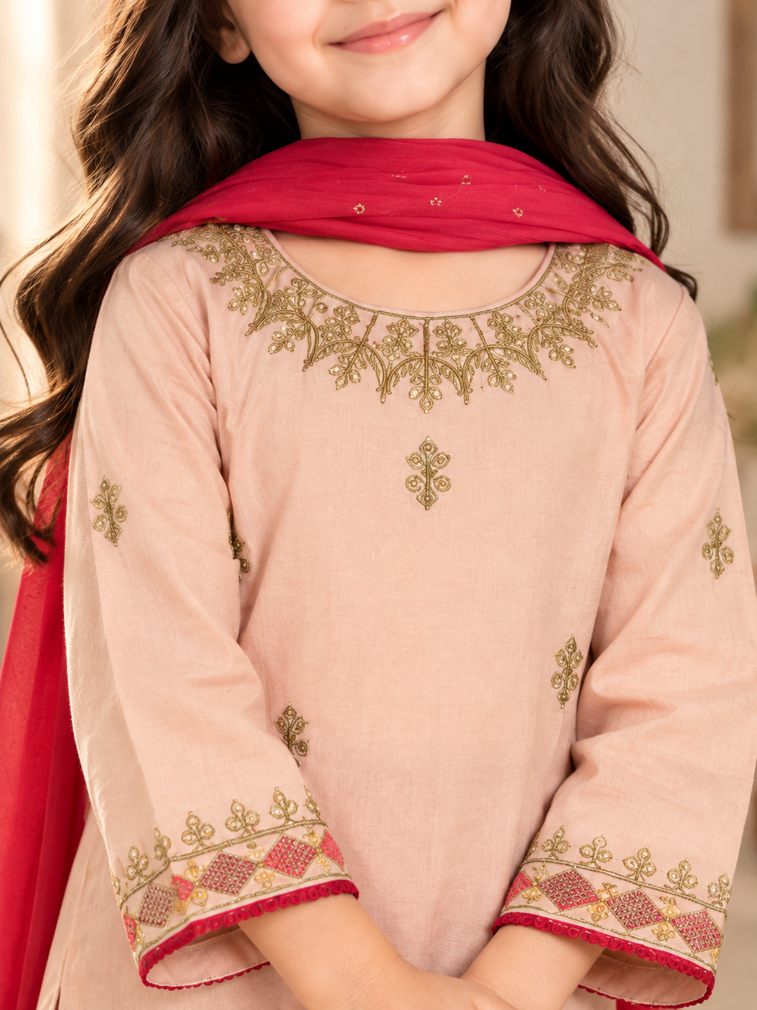 Peach Embroidered 3-Piece Suit with Red Dupatta