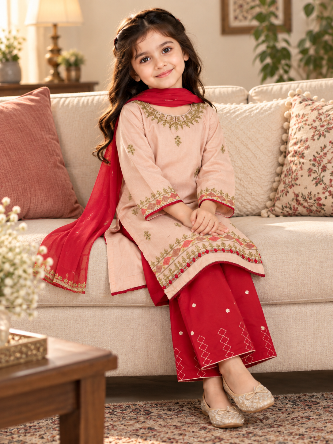 Peach Embroidered 3-Piece Suit with Red Dupatta