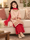 Peach Embroidered 3-Piece Suit with Red Dupatta