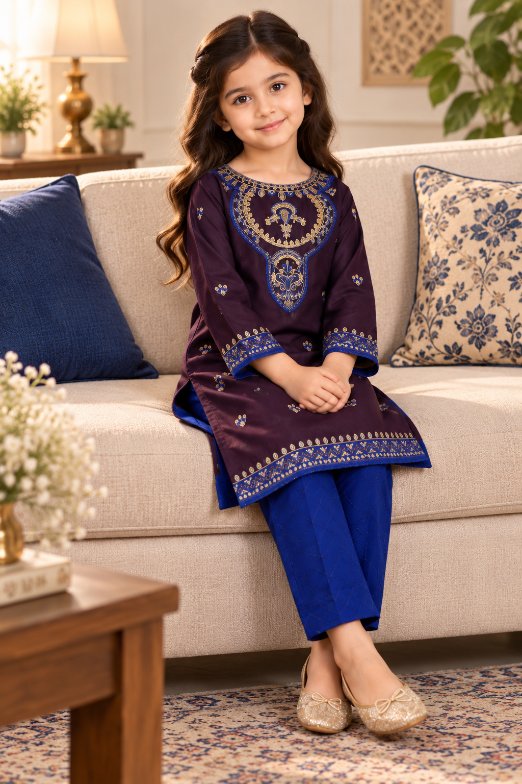Plum & Royal Blue Embroidered 2-Piece Suit