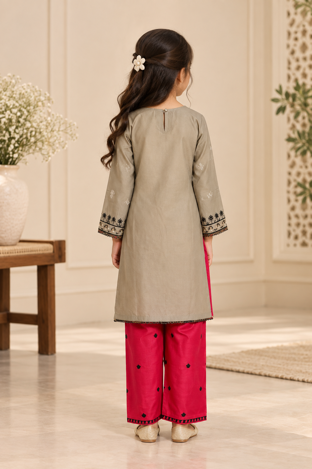 Beige & Pink Lawn Embroidered 3-Piece Suit