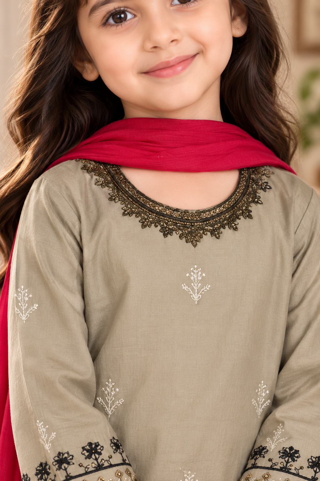 Beige & Pink Lawn Embroidered 3-Piece Suit
