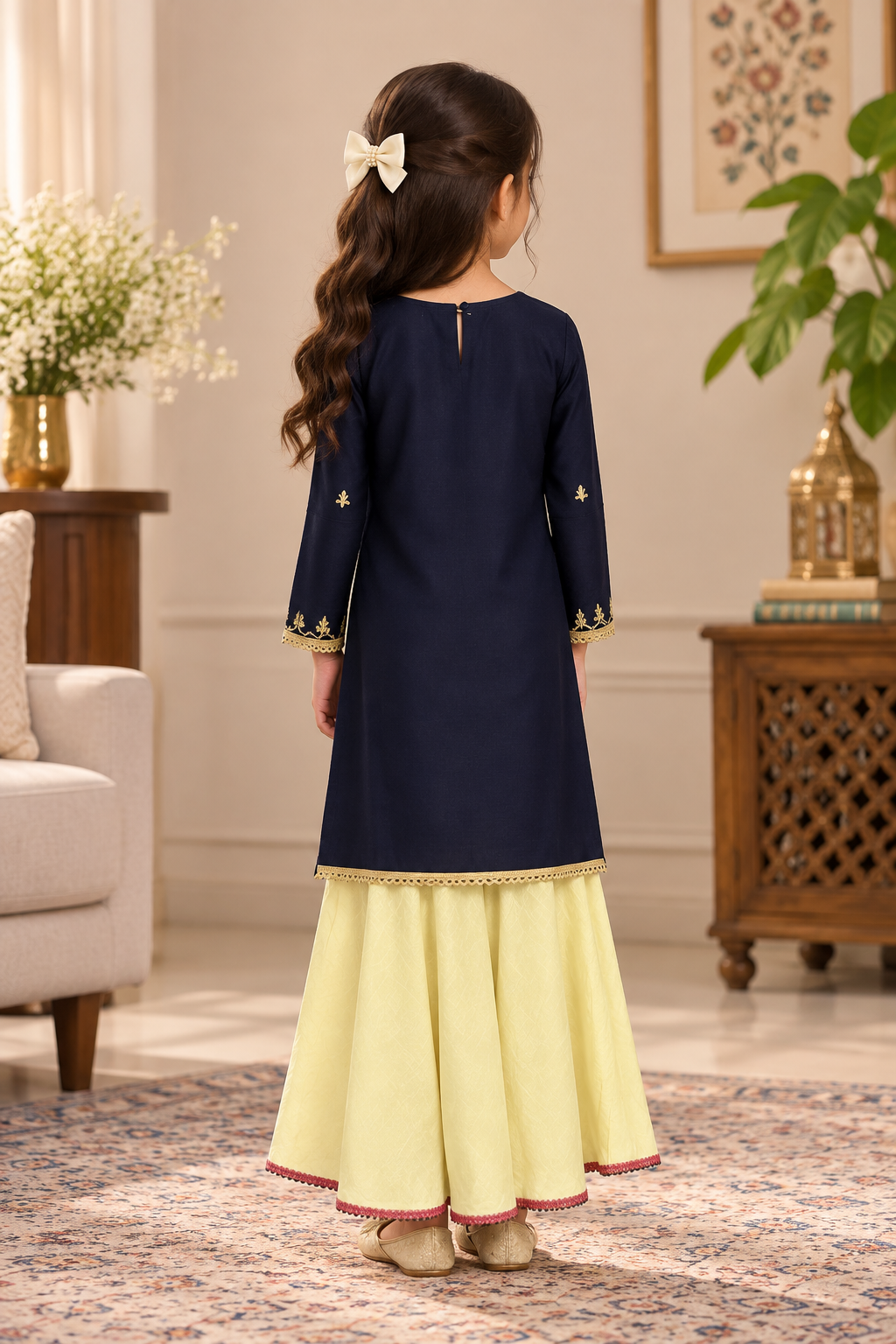 Navy Blue & Lemon Yellow lawn Embroidered 3-Piece Suit