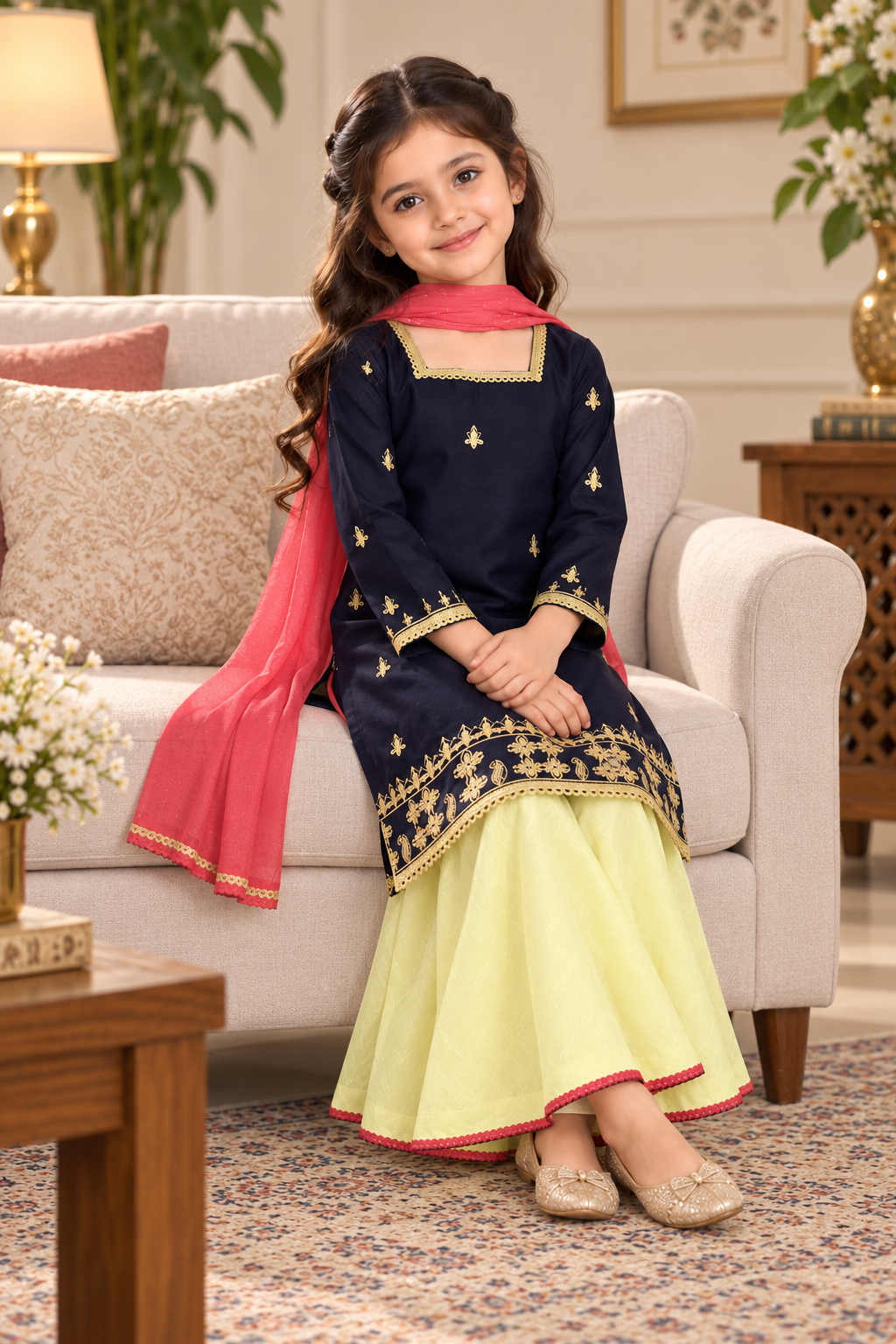 Navy Blue & Lemon Yellow lawn Embroidered 3-Piece Suit