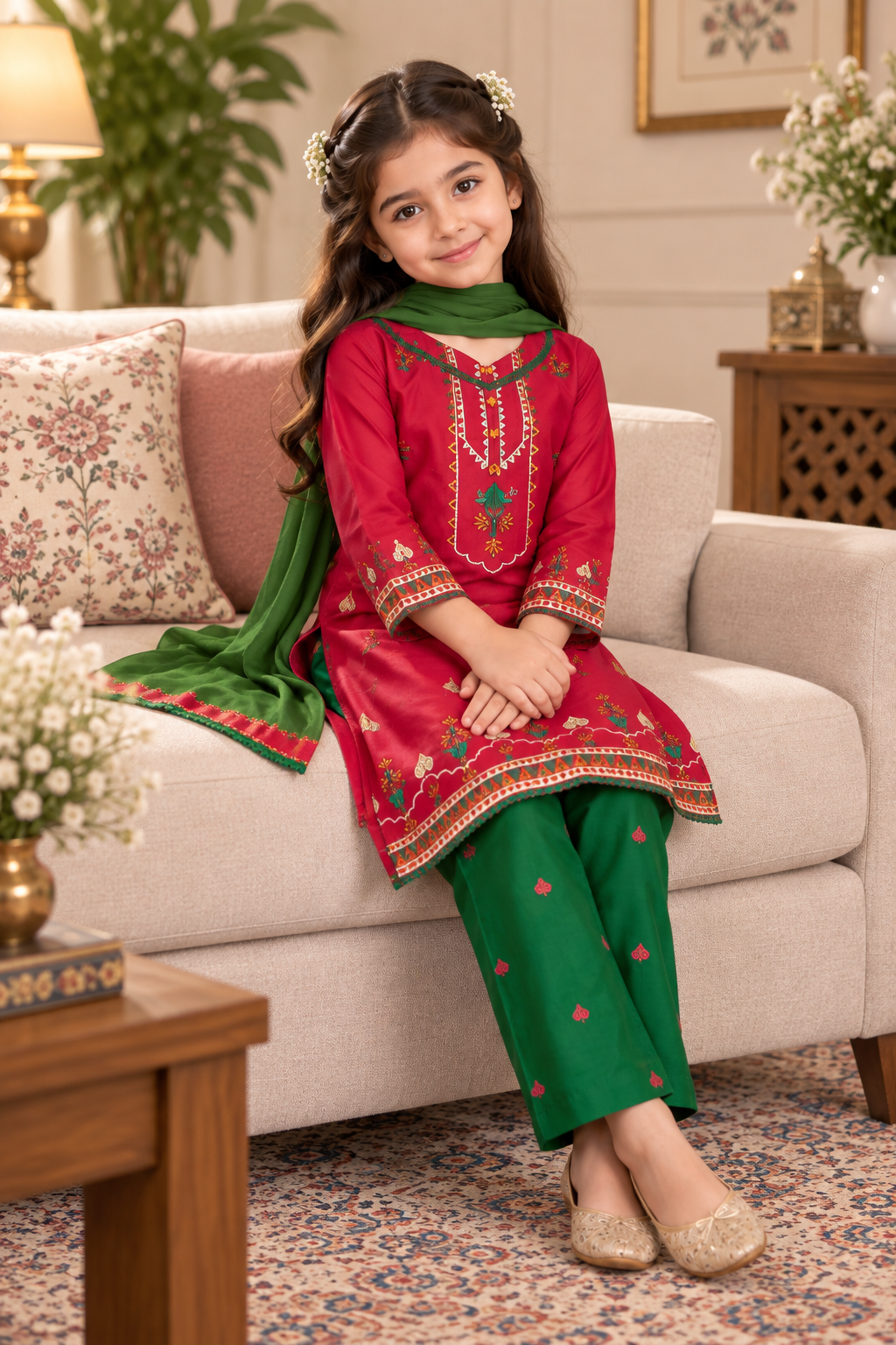 Pink & Green Embroidered lawn 3-Piece Suit