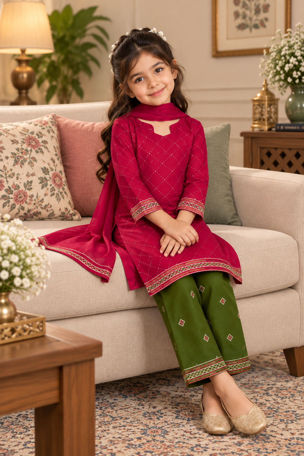Pink & Olive Green Embroidered 3-Piece lawn suit
