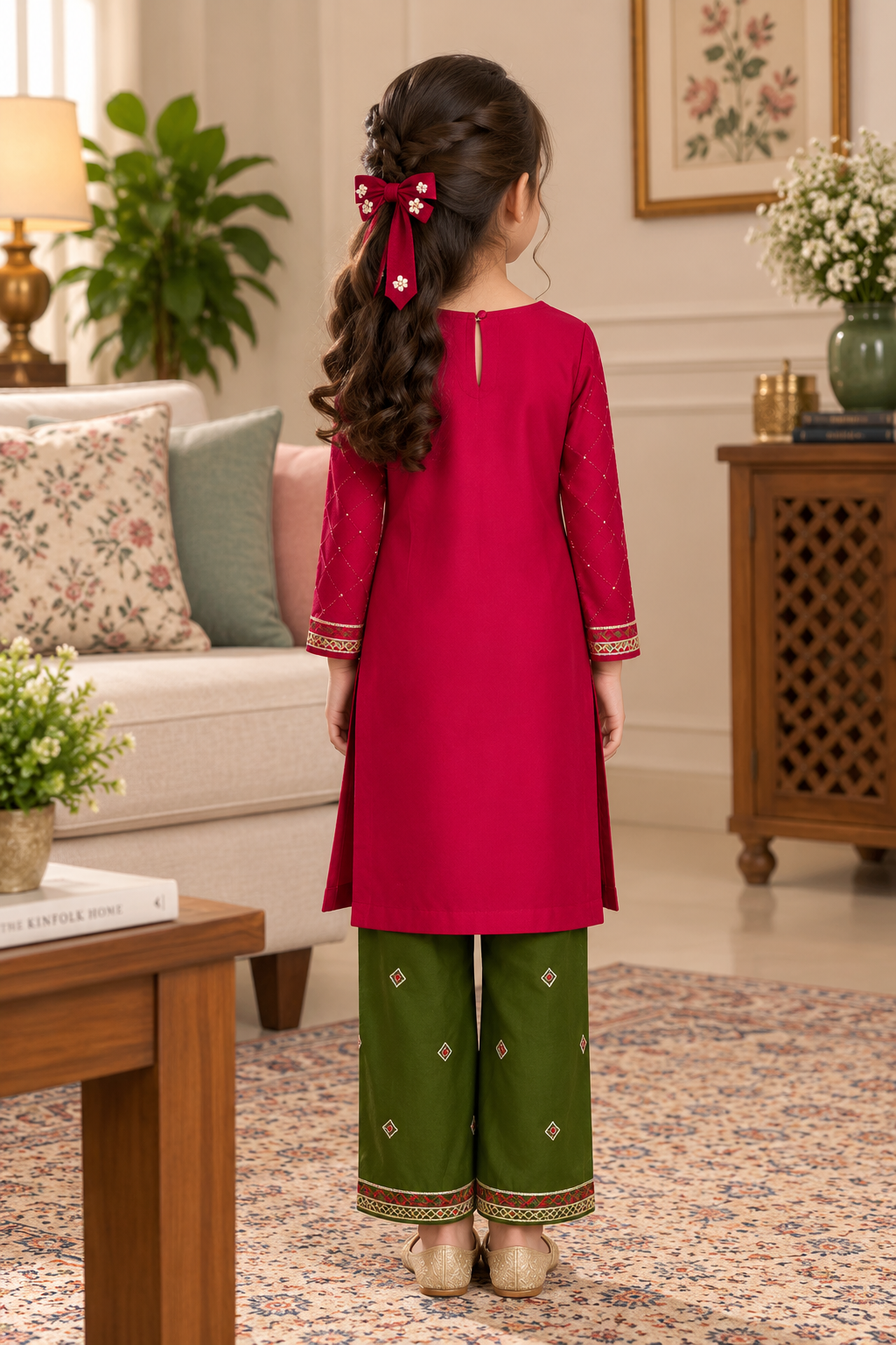 Pink & Olive Green Embroidered 3-Piece lawn suit