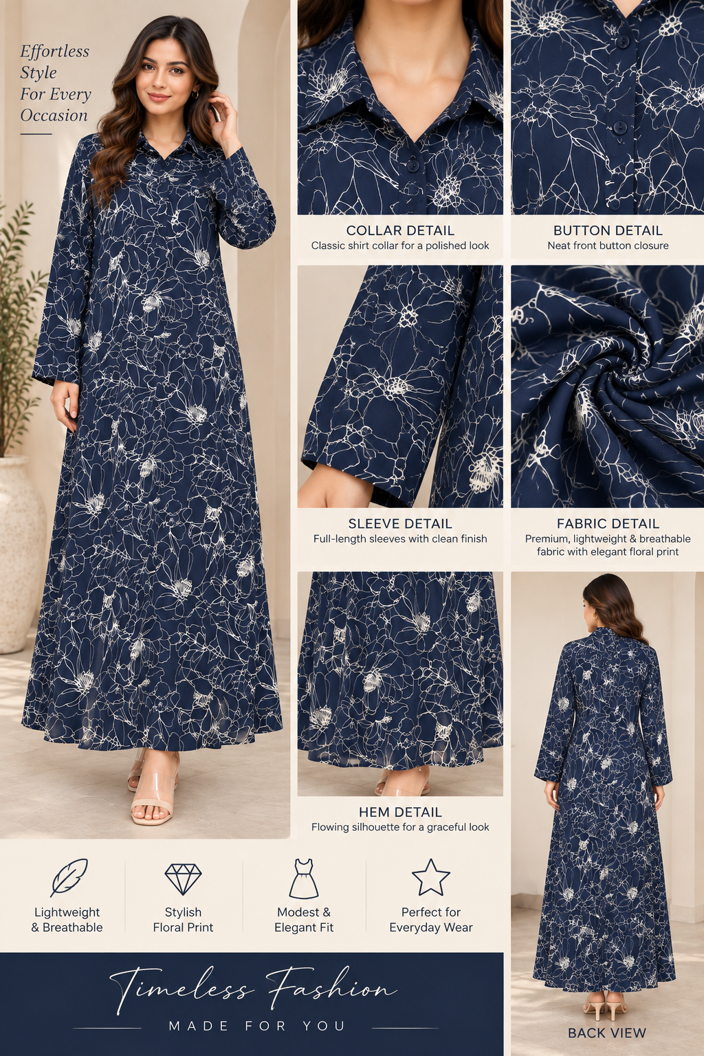 Navy Blue Floral Line-Print Long  Dress