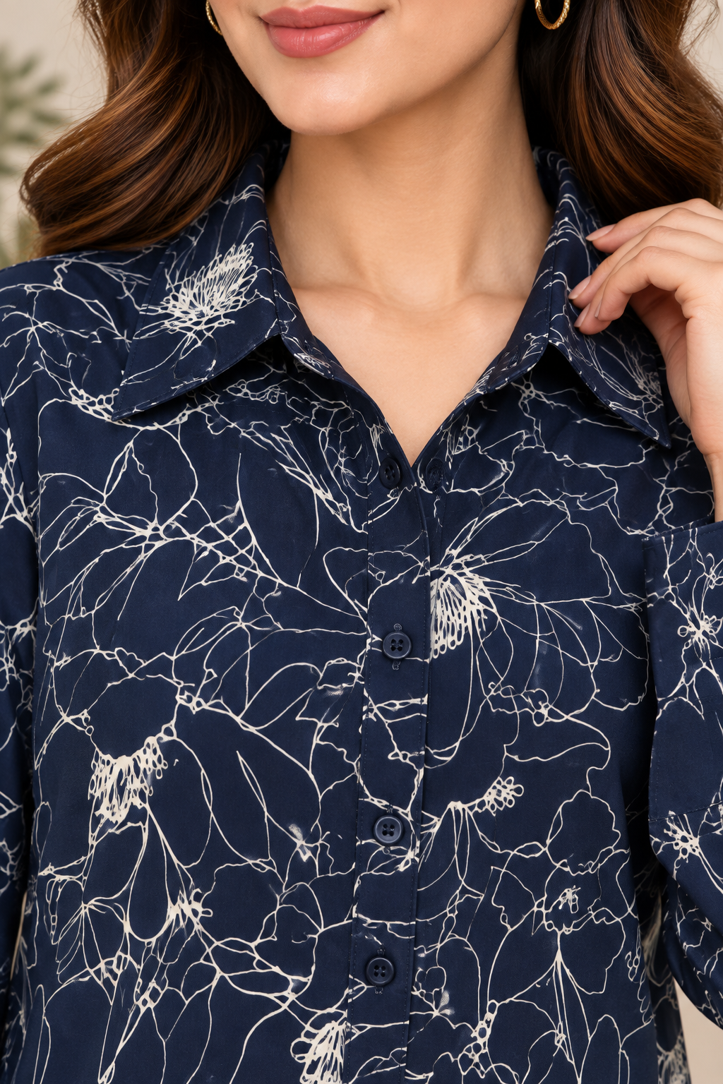 Navy Blue Floral Line-Print Long  Dress