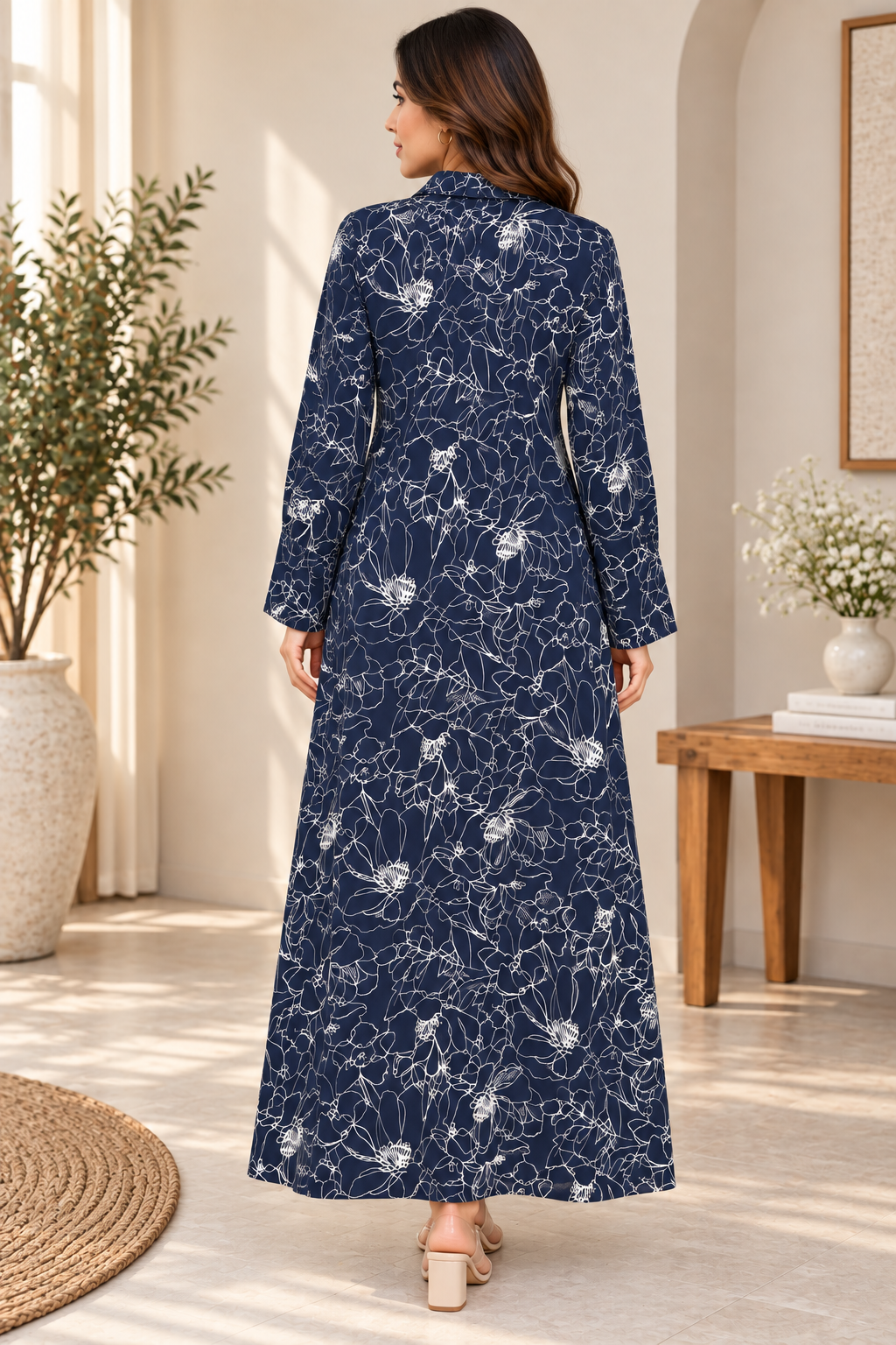 Navy Blue Floral Line-Print Long  Dress