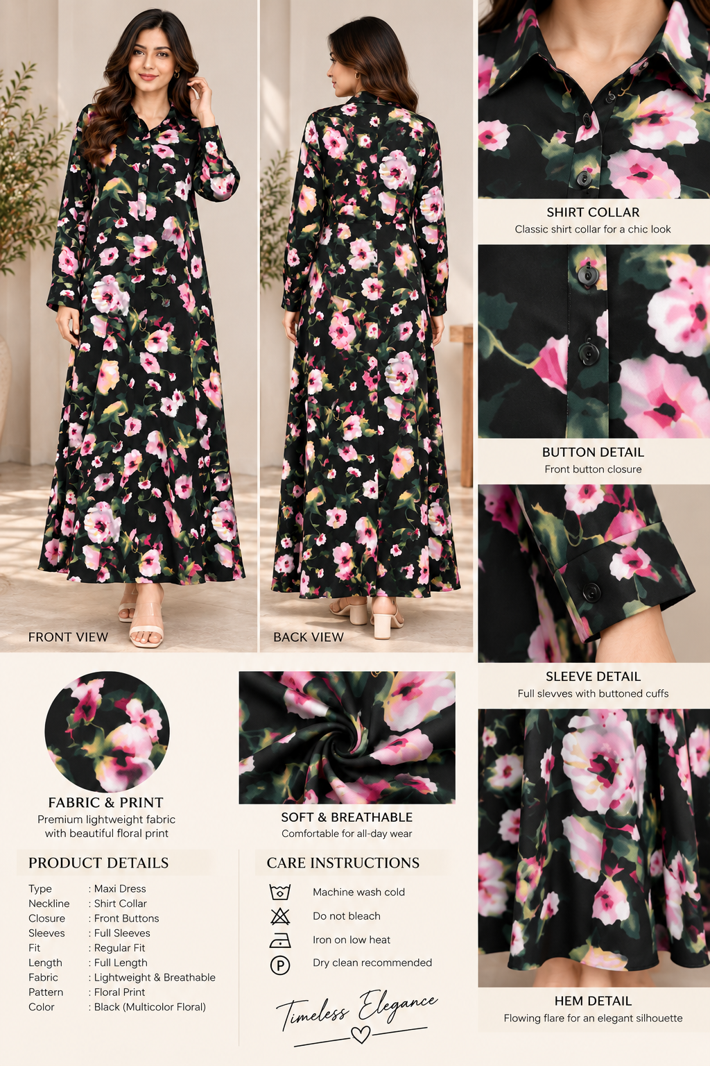 Black Floral Printed Belted long  Dress