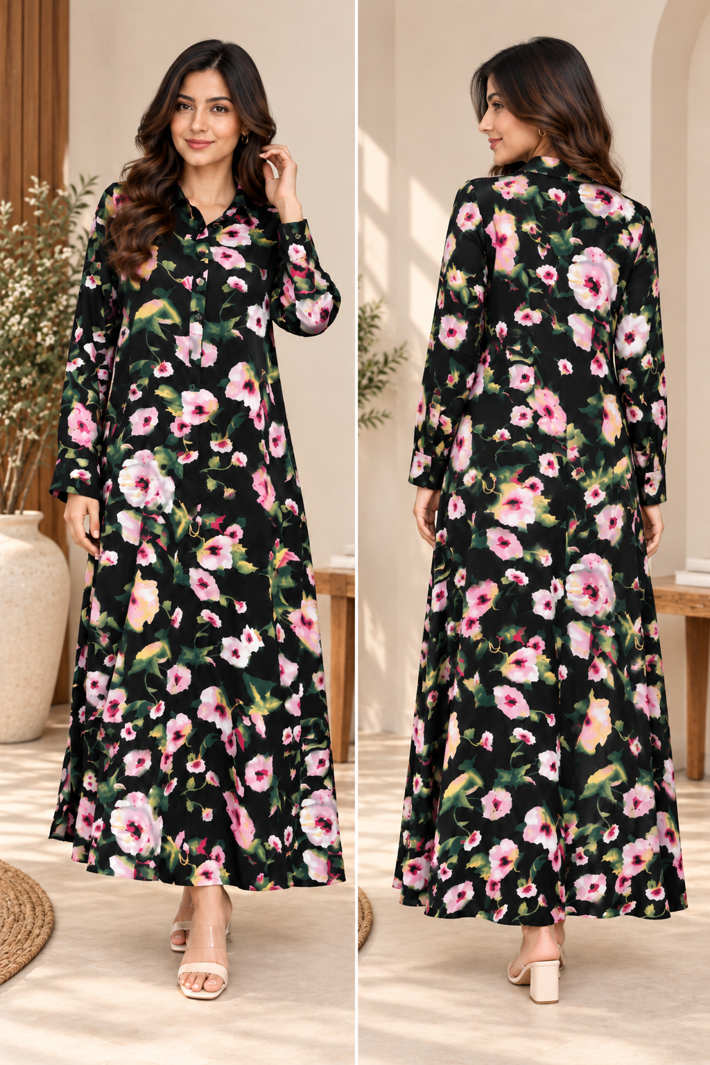 Black Floral Printed Belted long  Dress