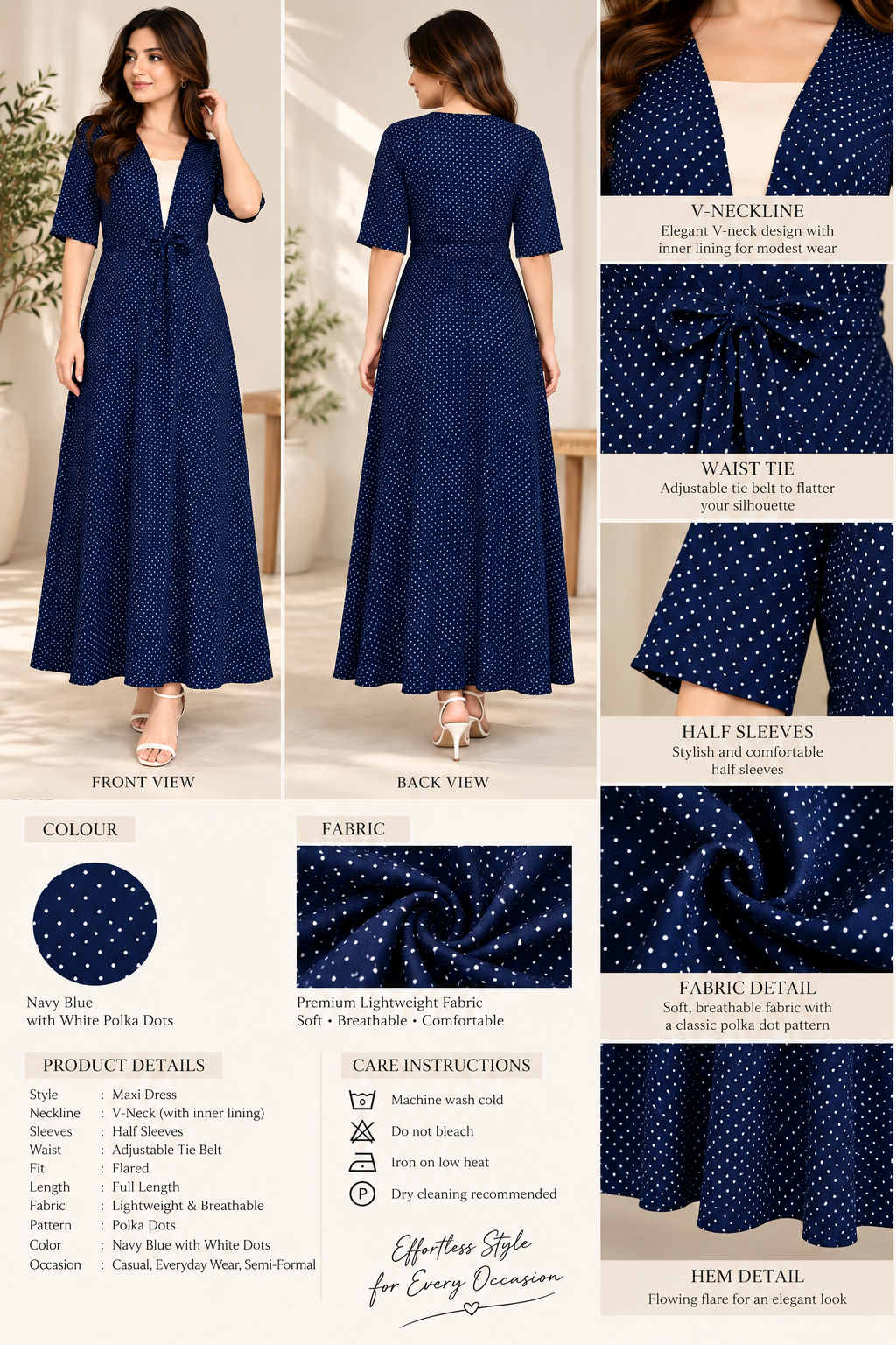 Navy Blue Polka Dot Tie-Waist long  Dress