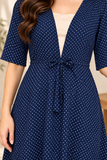Navy Blue Polka Dot Tie-Waist long  Dress