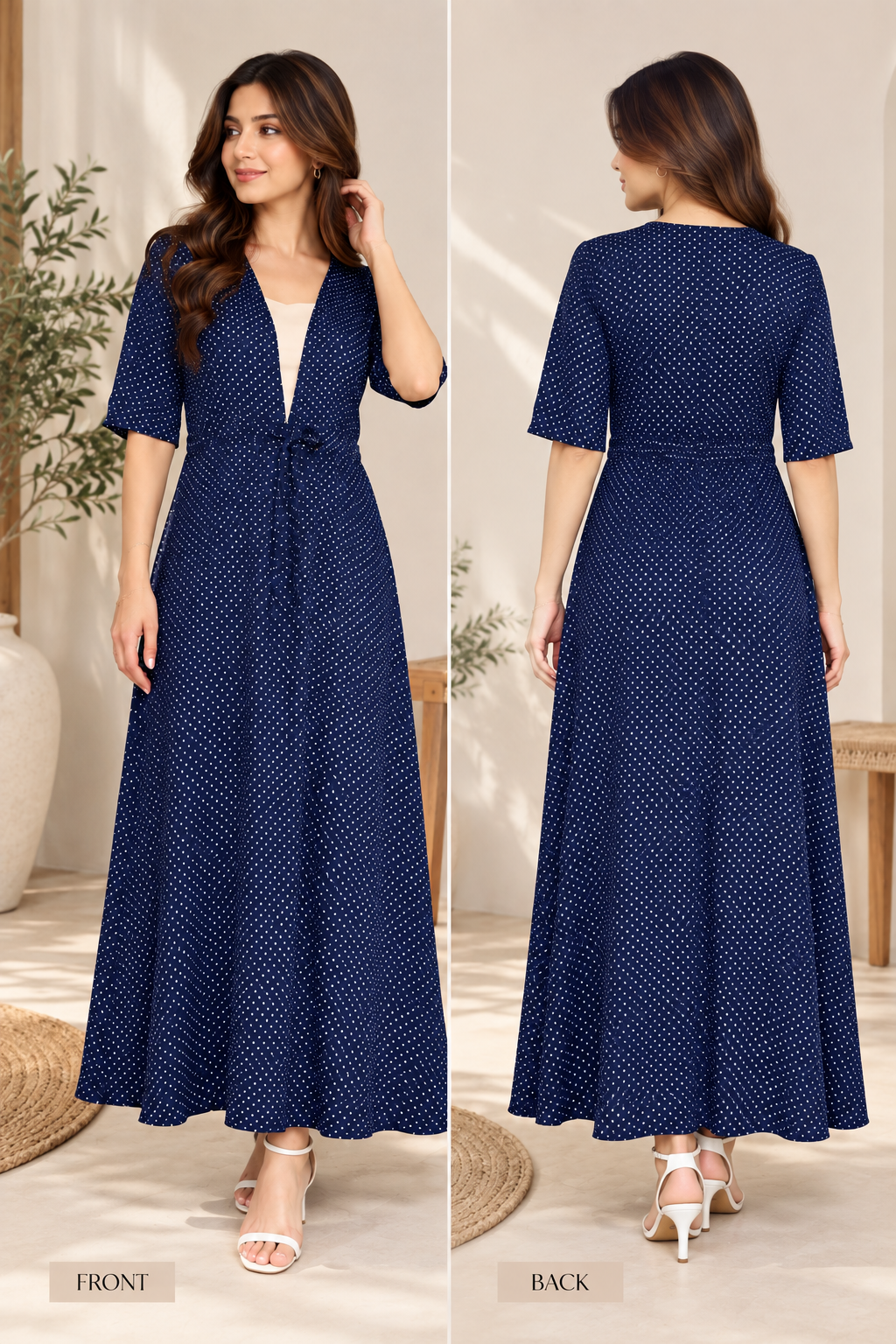 Navy Blue Polka Dot Tie-Waist long  Dress