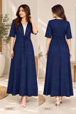 Navy Blue Polka Dot Tie-Waist long  Dress