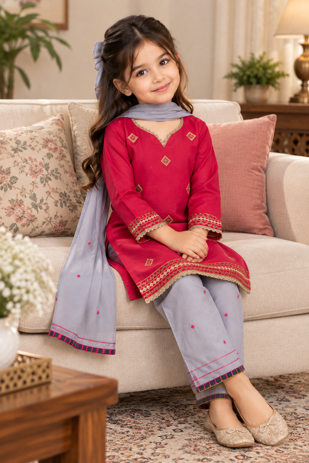 Pink and light purple embroidered 3-Piece suit