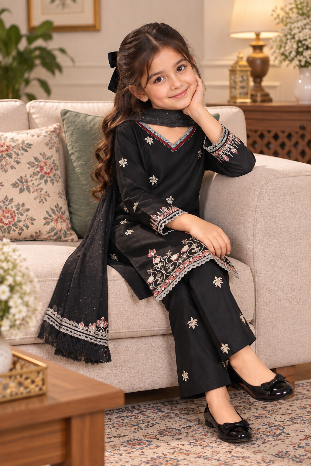 Black lawn embroided suit
