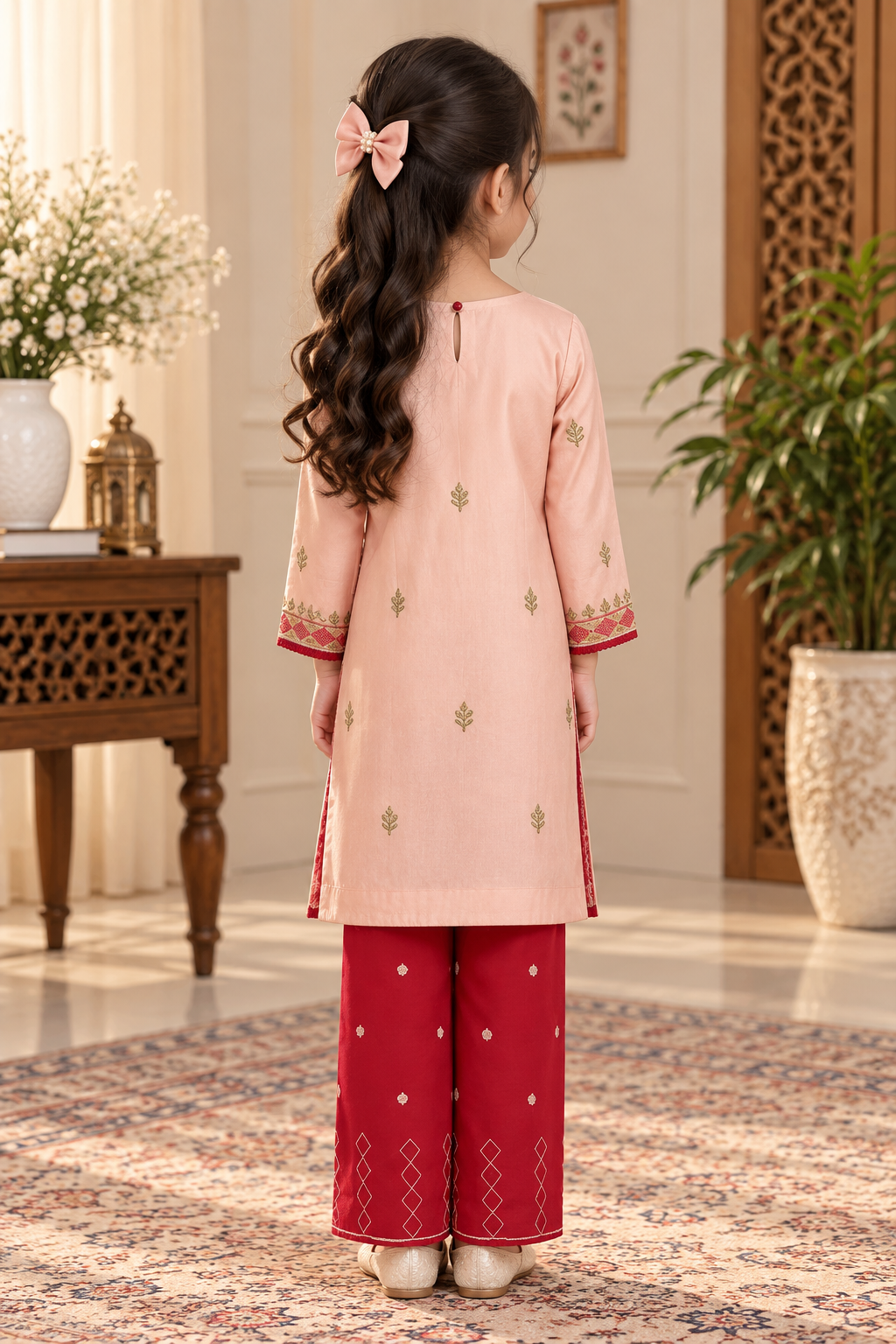 Embroided peach and red 3 piece suit