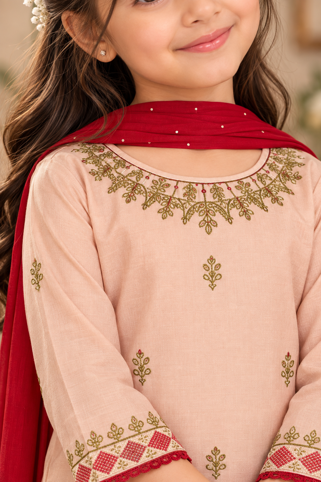 Embroided peach and red 3 piece suit