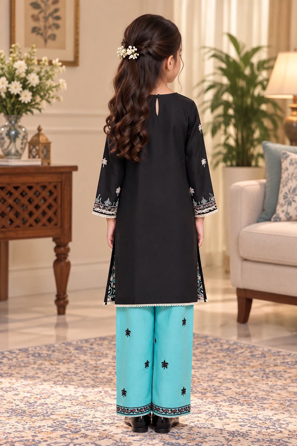 Black lawn suit with sea green trouser