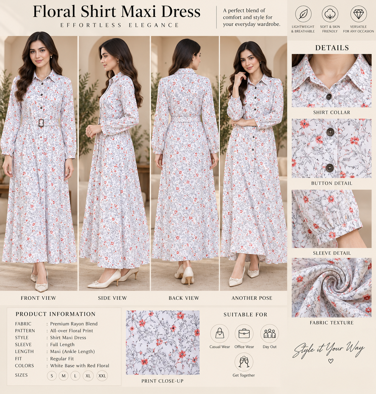 White Floral Printed Belted Long Dress