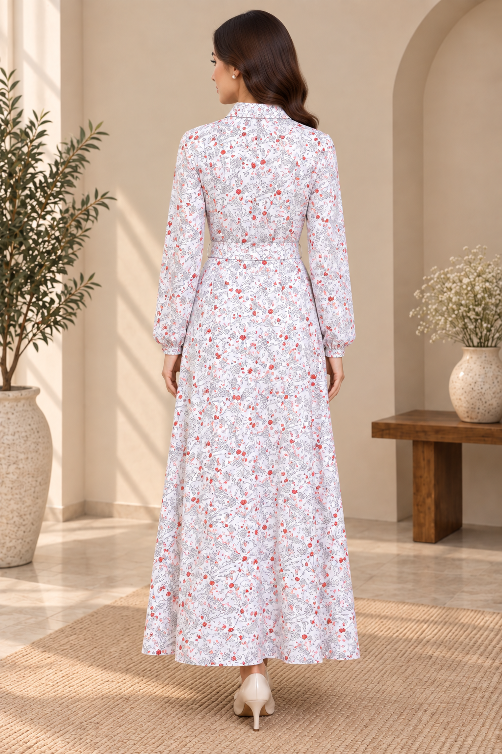 White Floral Printed Belted Long Dress