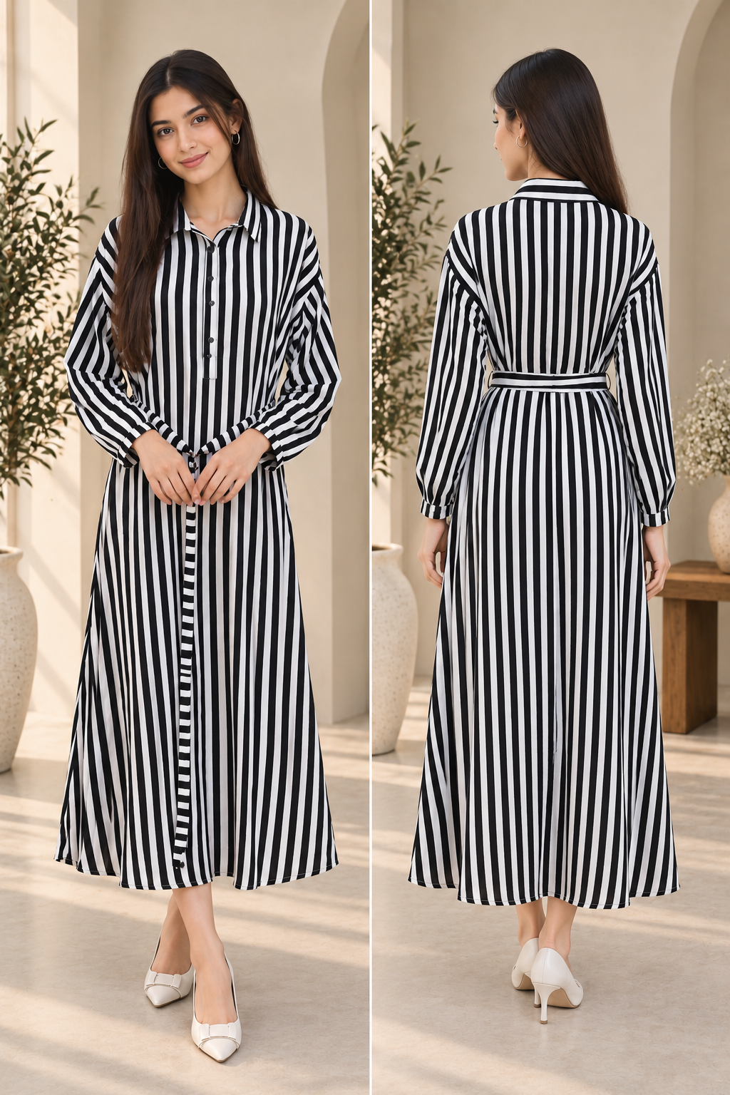 Black & White Striped Belted long  Dress