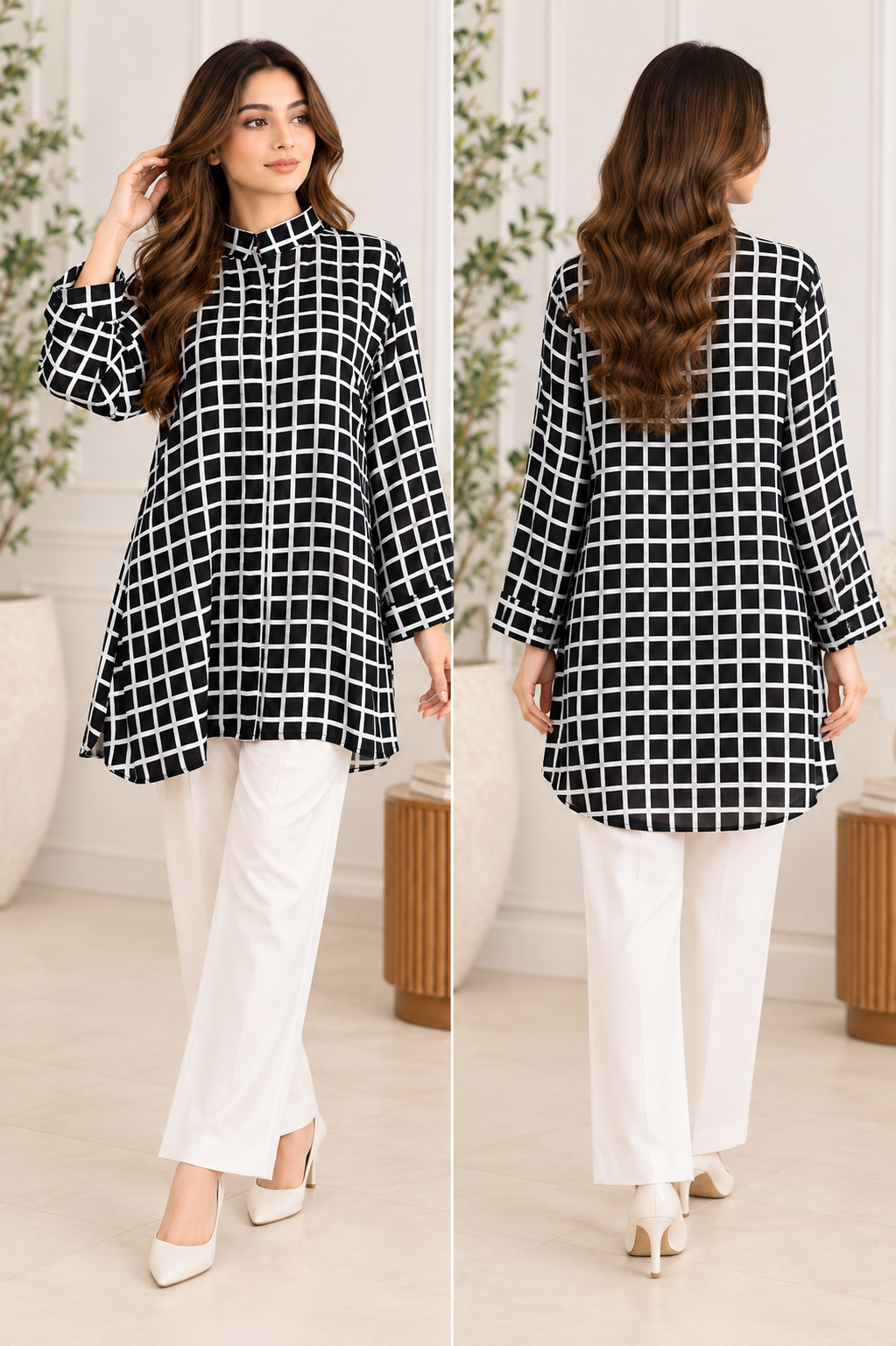 Black & White Grid Check Longline Shirt