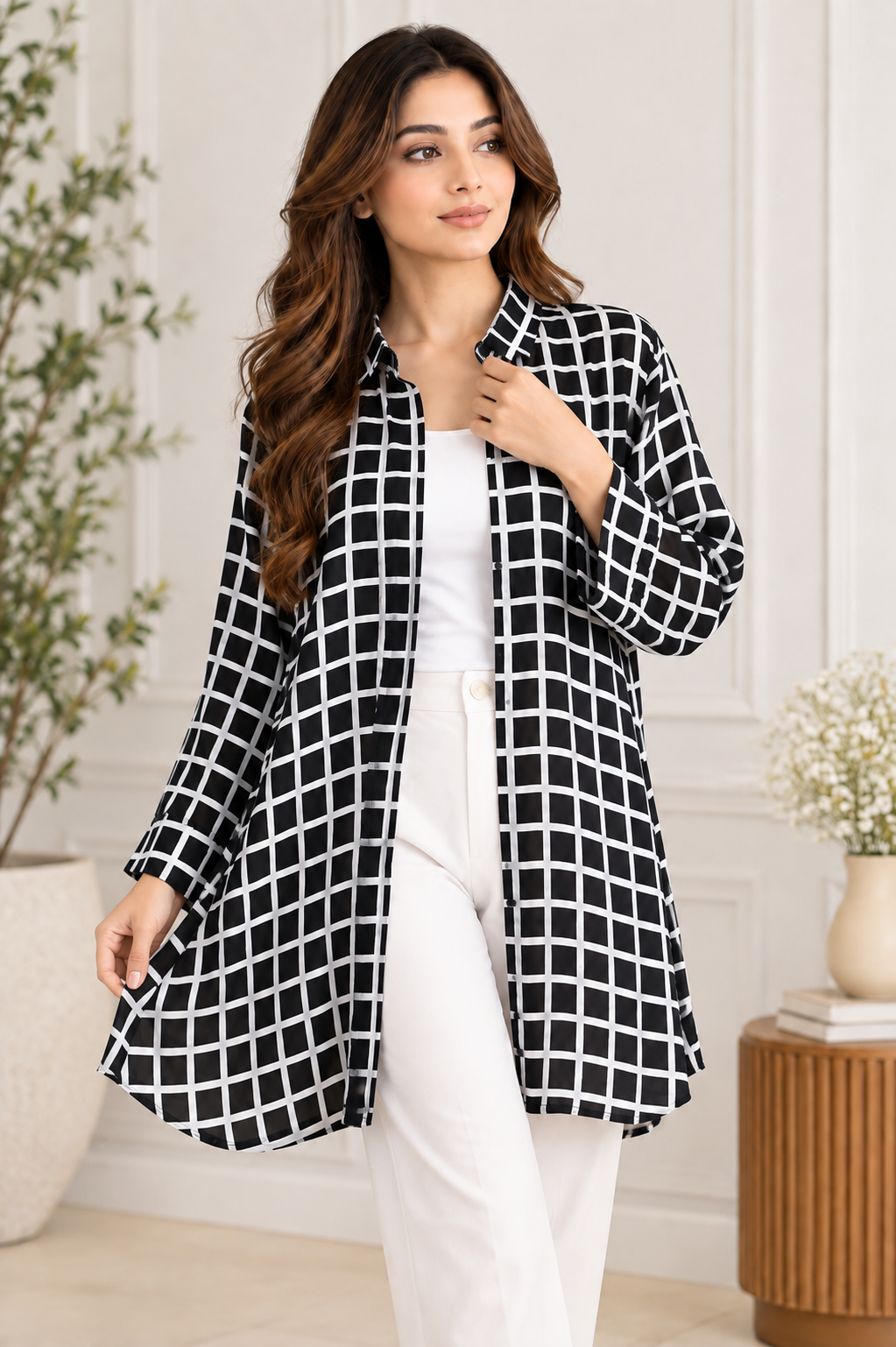 Black & White Grid Check Longline Shirt