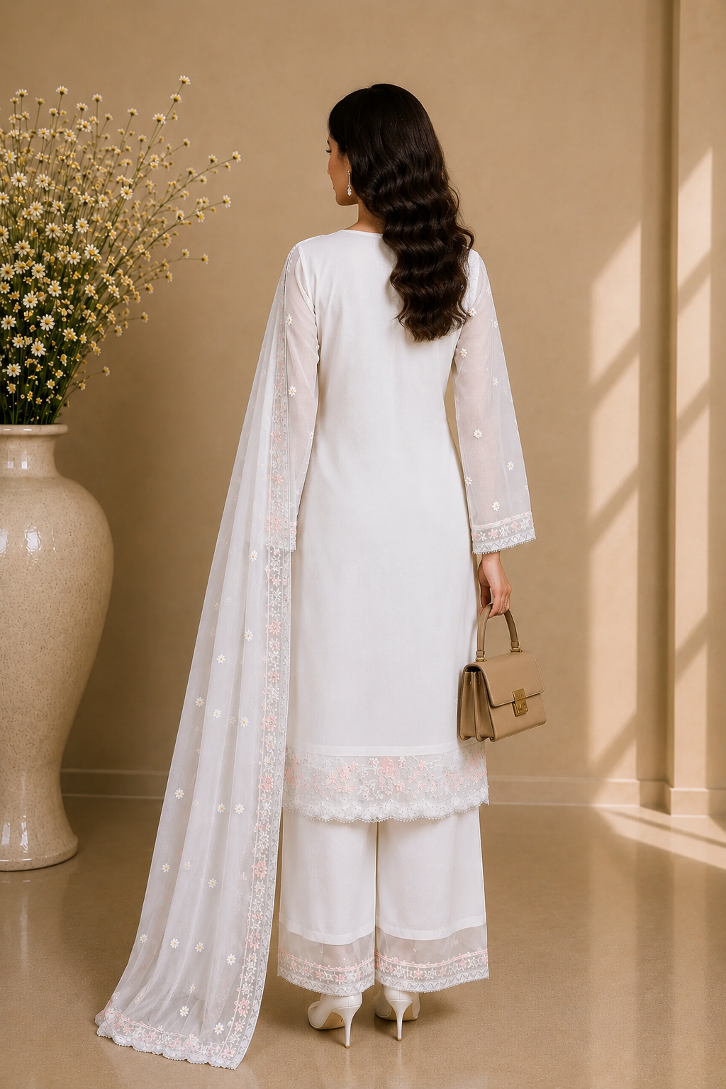 White Chiffon Embroidered 3-Piece Suit