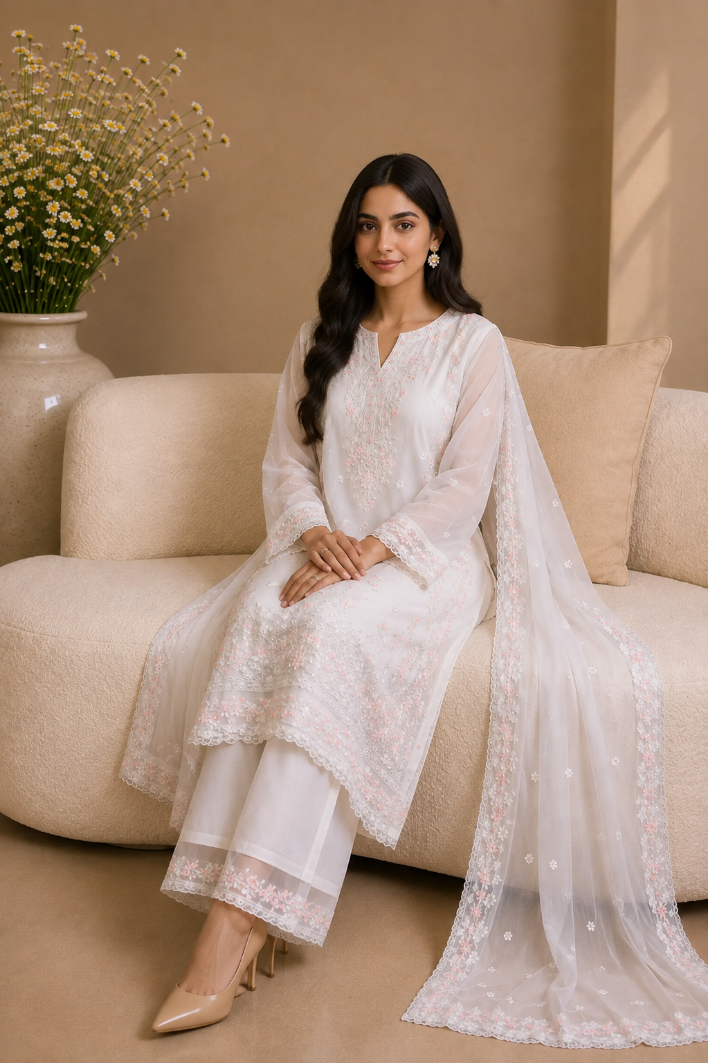 White Chiffon Embroidered 3-Piece Suit