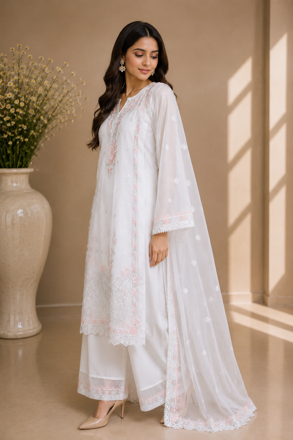 White Chiffon Embroidered 3-Piece Suit