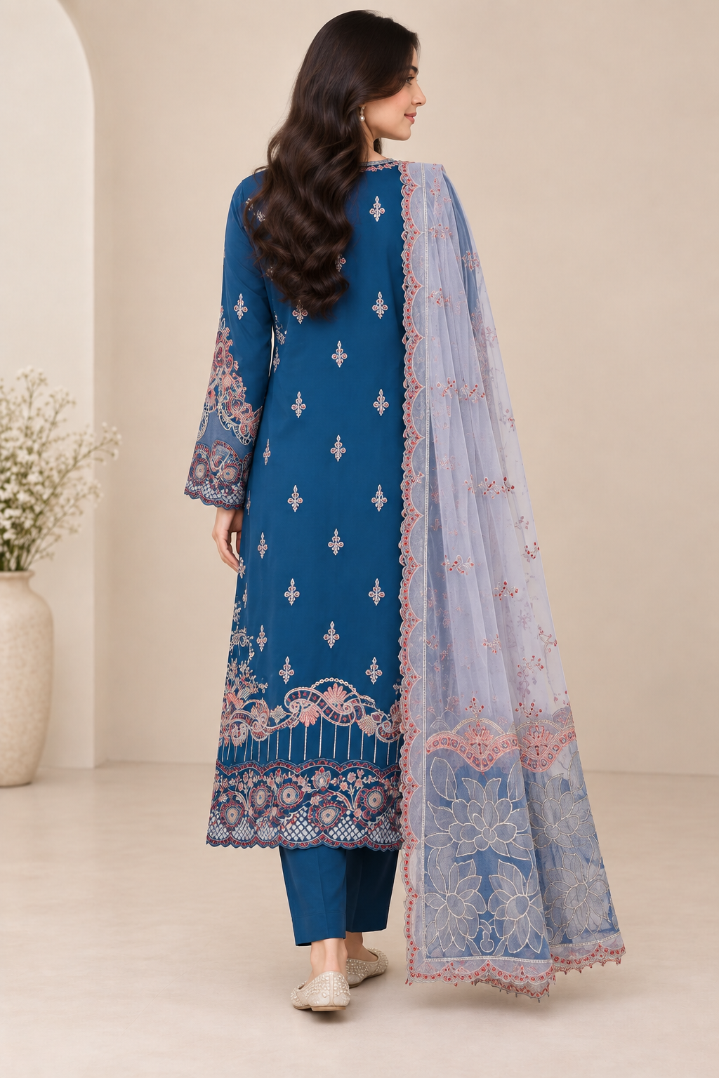 Elegant Navy Blue Chiffon Embroidered 3-Piece Suit