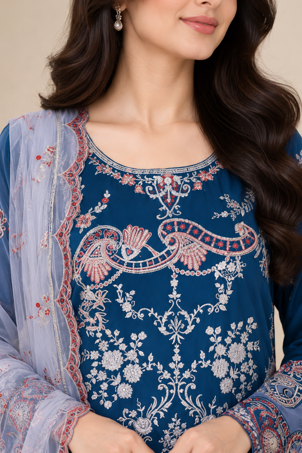 Elegant Navy Blue Chiffon Embroidered 3-Piece Suit