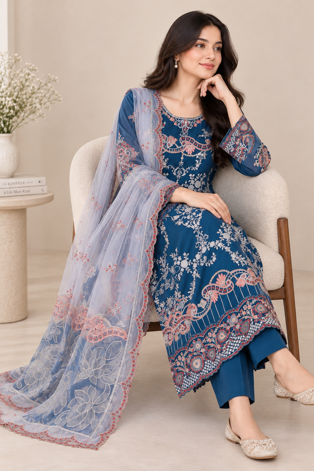 Elegant Navy Blue Chiffon Embroidered 3-Piece Suit