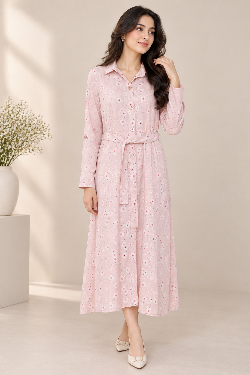 Pastel Pink Floral Eyelet with Belt