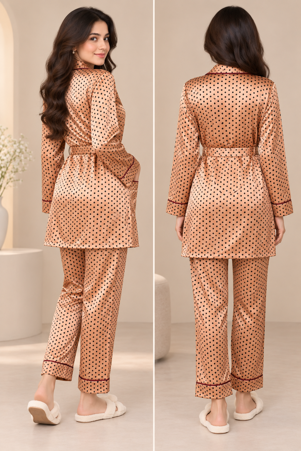 Peach Satin Polka Dot Pyjama Set