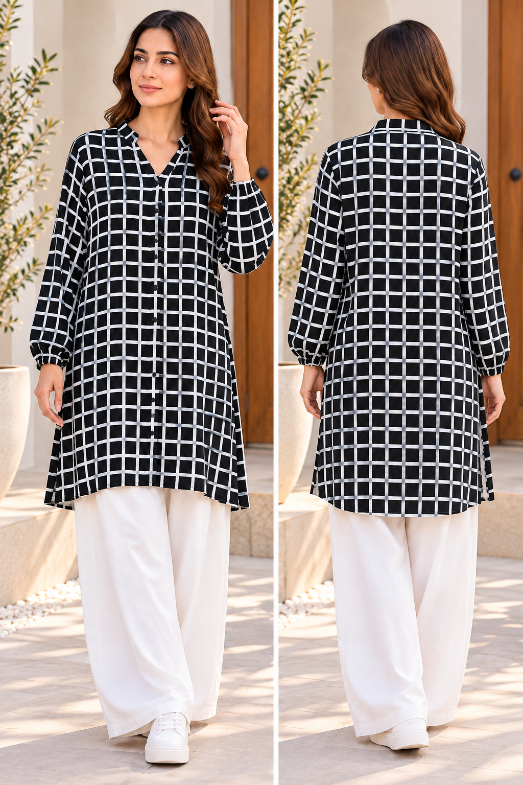 Black & White Grid Print Button-Front  Shirt