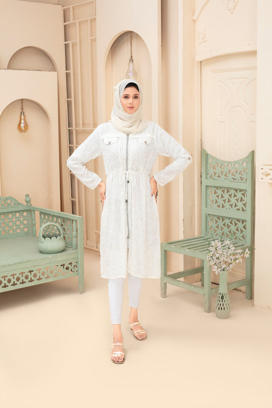 Tunique modeste blanc immaculé coupe safari