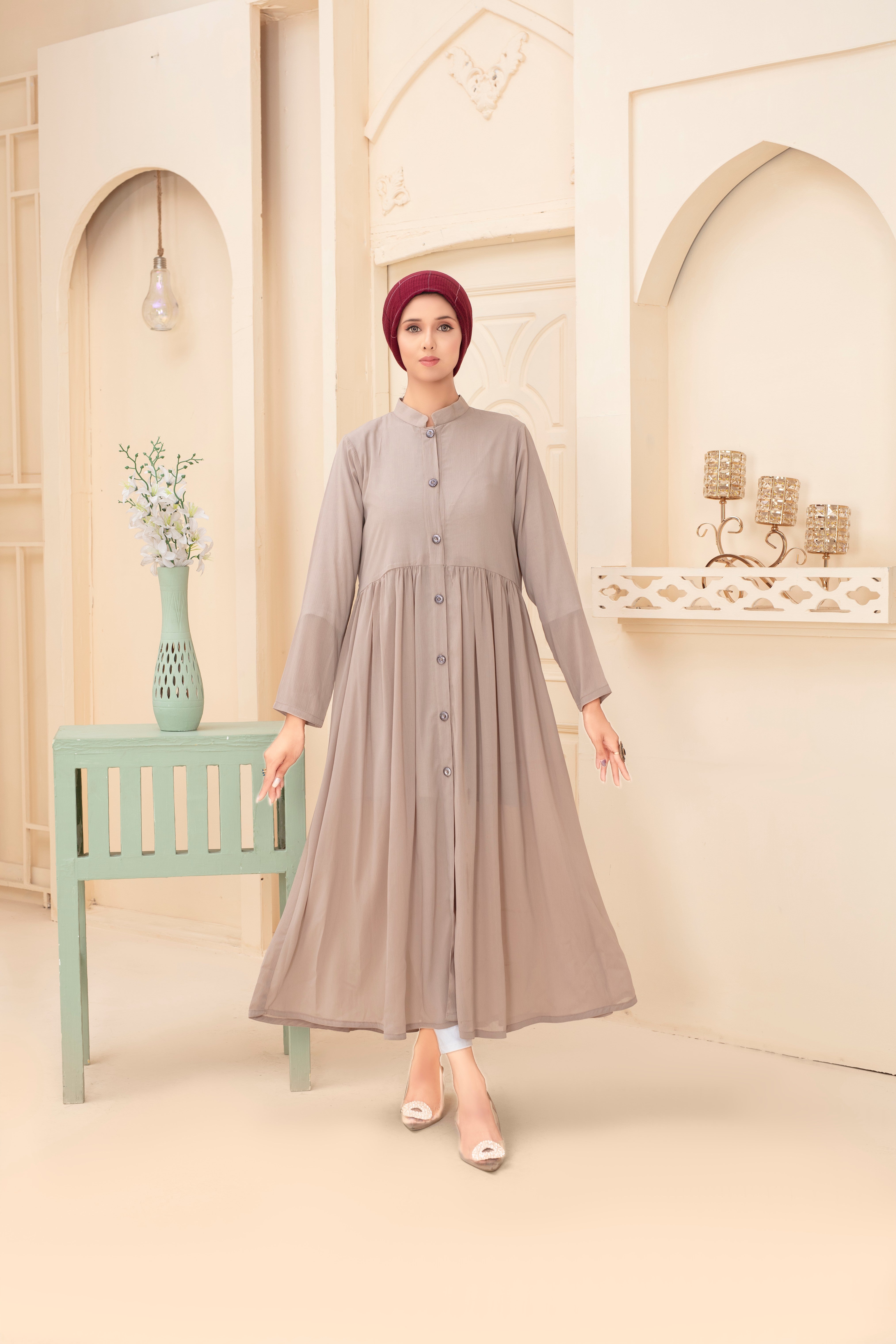 Taupe A-Linien Abaya mit Empire-Taille