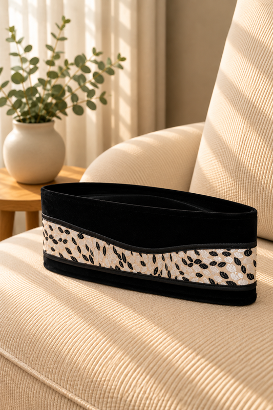 Black Velvet Peci Cap with Cream & Black Abstract Leaf Patterned Band